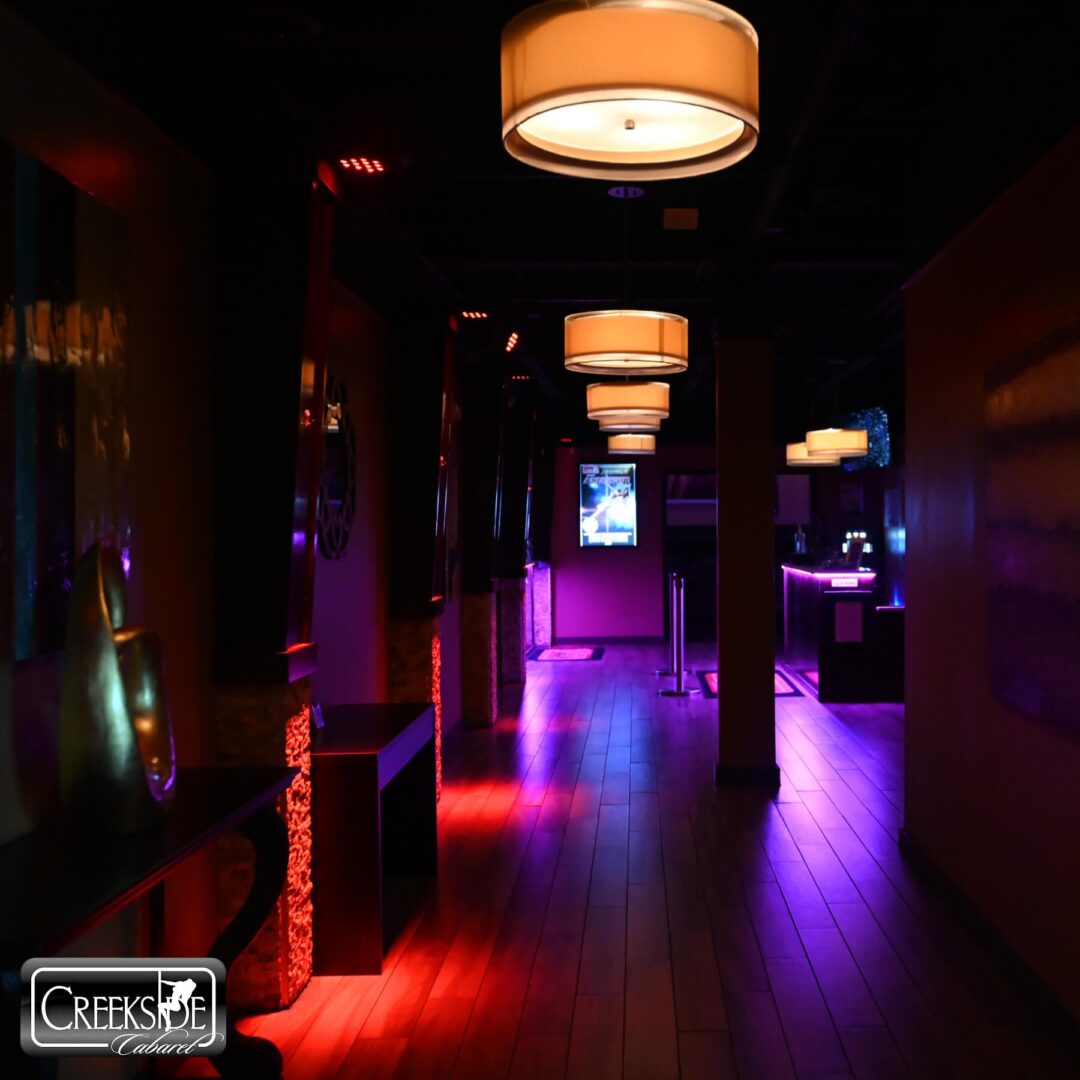 Dimly lit corridor with colorful neon lights and ceiling lamps.